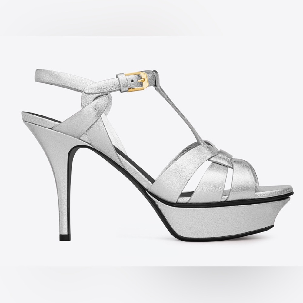 NIB $1150 SAINT LAURENT YSL Silver Argento TRIBUTE 75 Platform Sandal Shoes 35